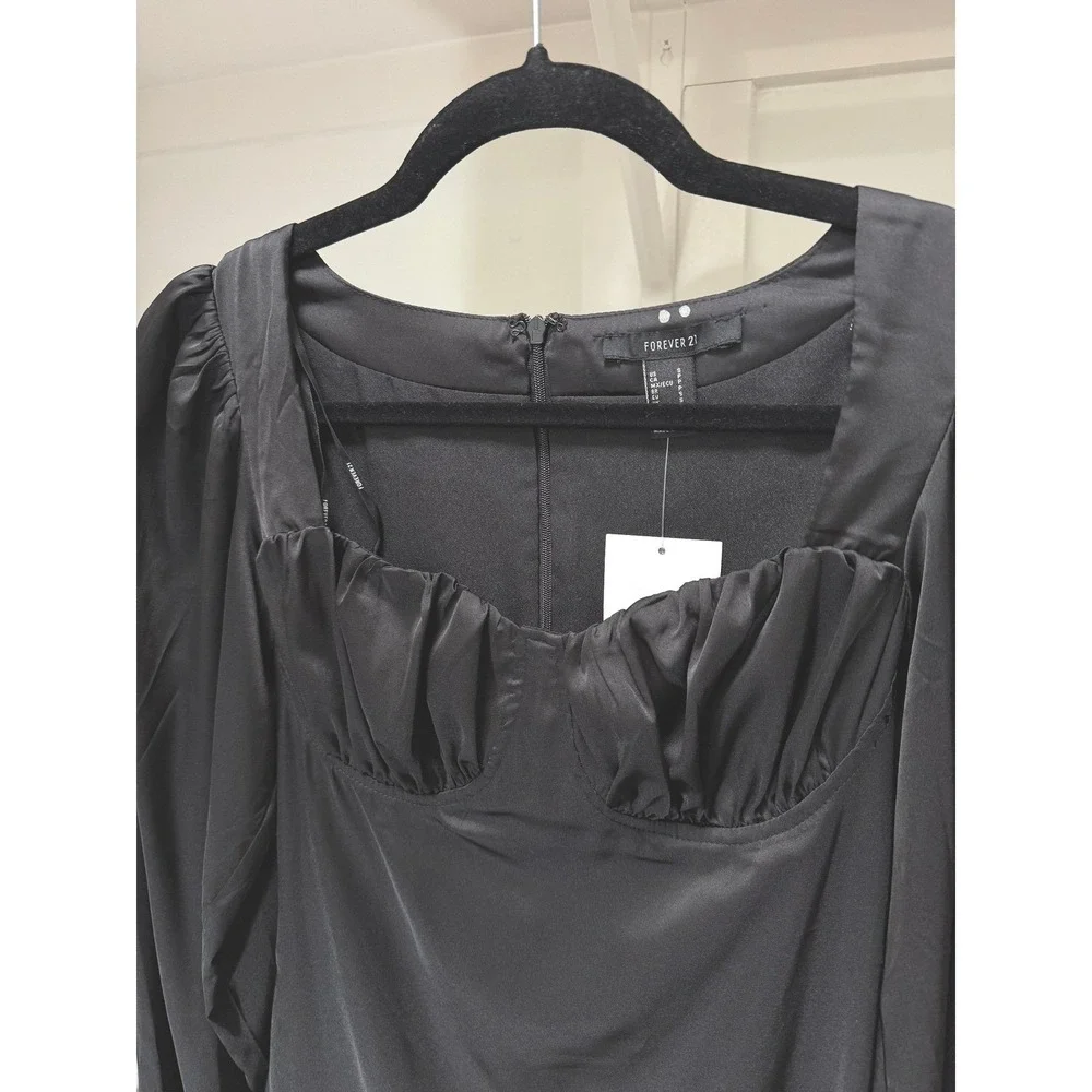 Mini Satin Black Dress Size Small Ruched Bustier‎ Puff Sleeve New Forever 21